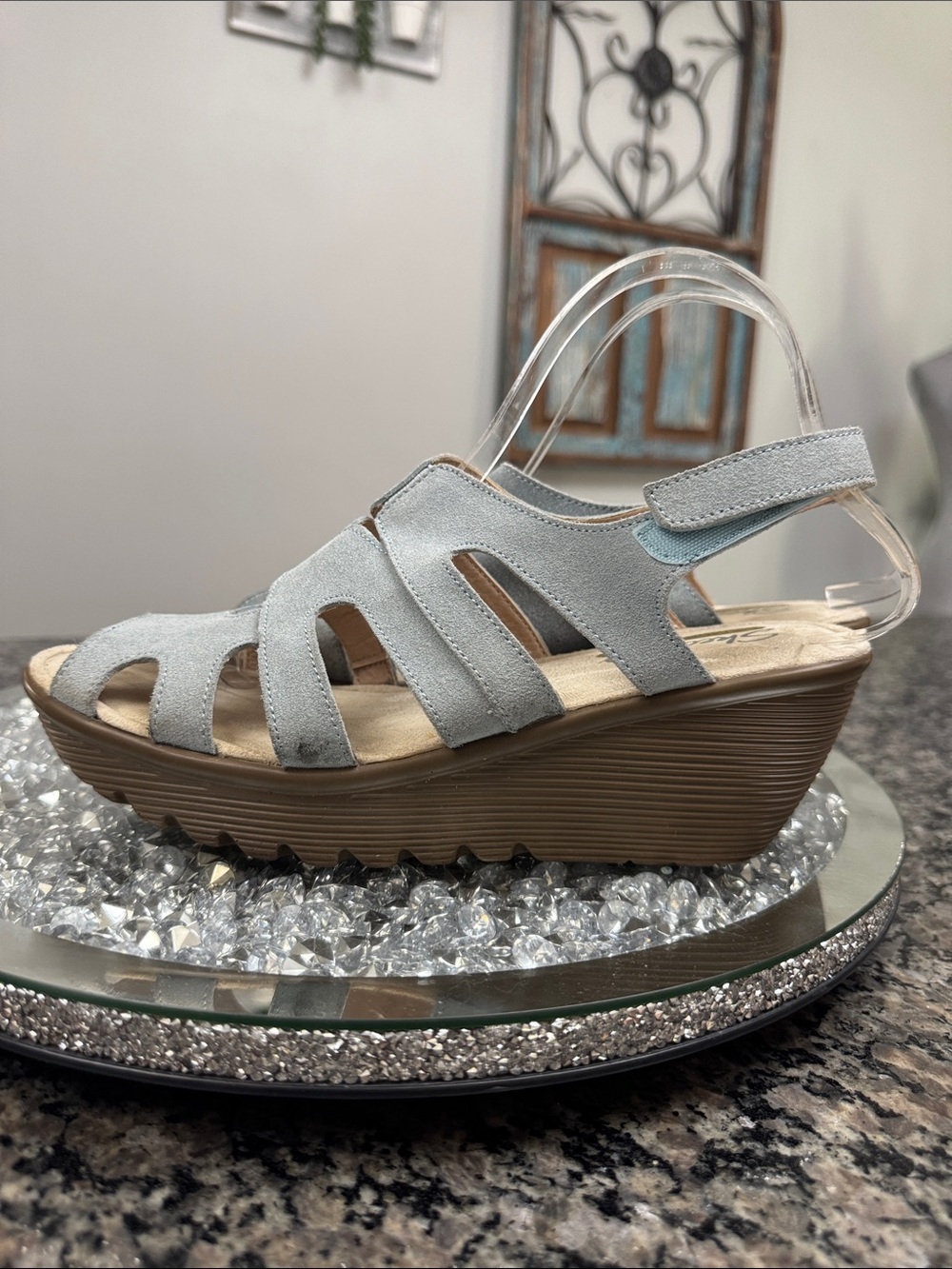Skechers Light Gray blue Suede Wedge Sandal with Tan Platform 9
